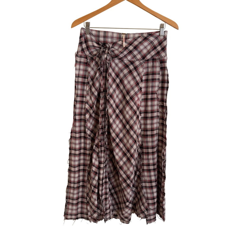 Free People Deep In Thought Plaid Frayed Maxi Skirt Tie Waist Boho Grunge Size 6 - Picture 2 of 12